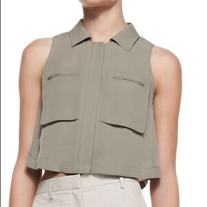 Theory Gemia Cropped Pocket 100% Silk Blouse Sage Green M